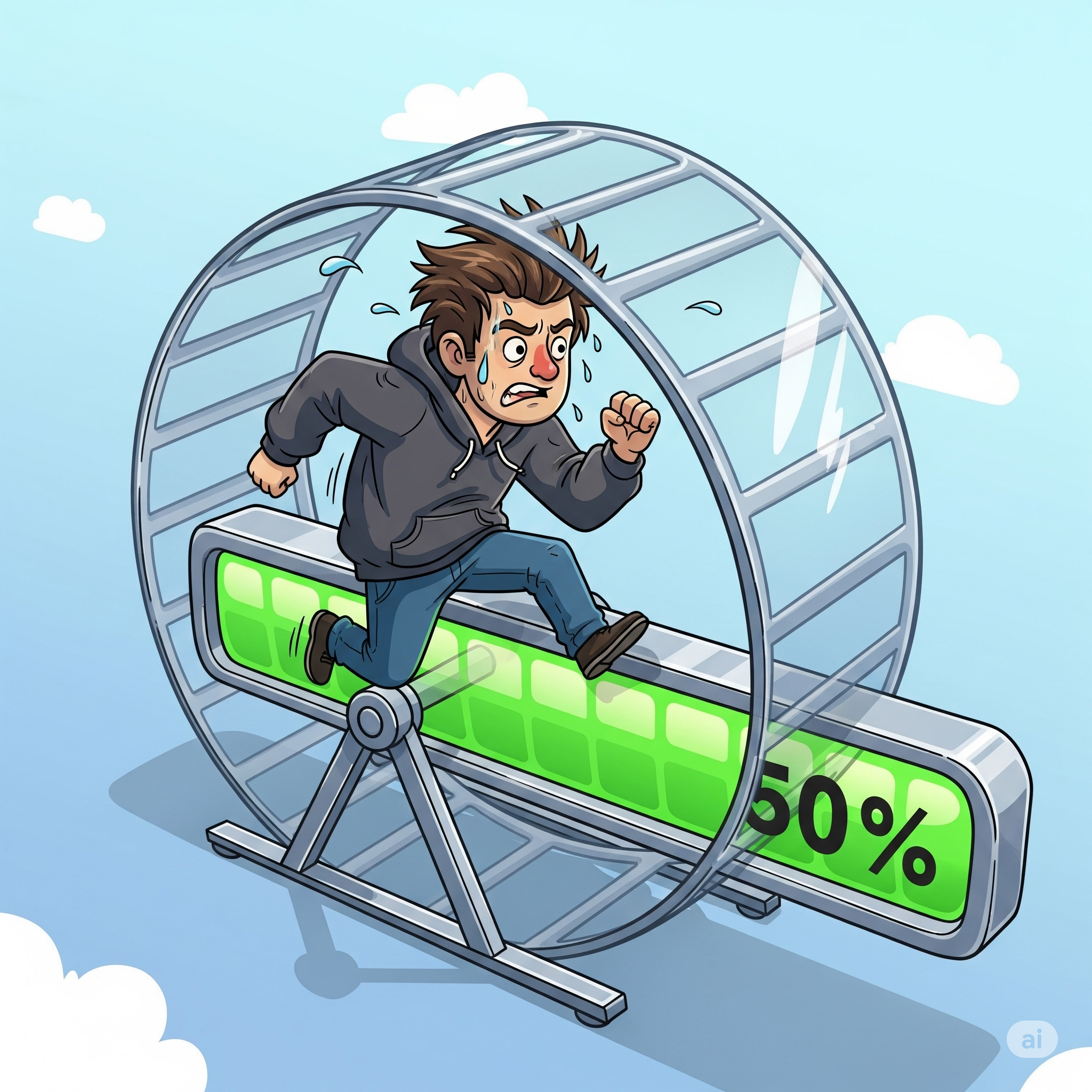 A humorous illustration of a developer running in a hamster wheel that looks like a progress bar, feeling productive but actually going nowhere