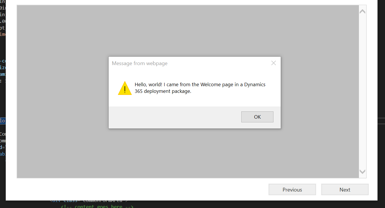 A JavaScript alert from a custom welcome page in Dynamics 365 deployment package